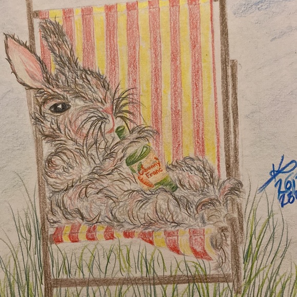 Unframed Original Art Pencil Crayon Drawing Illustration Bunny Lounging w Wine - Picture 3 of 5